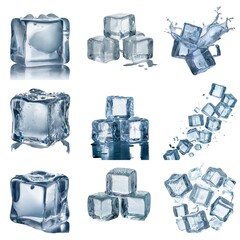 Multiple ice cubes isolated on white background, some with water droplets and some splashing in...