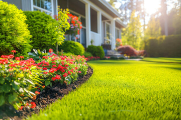 Obraz premium Beautiful manicured lawn and flowerbed with shrubs in sunshine residential house backyard background.
