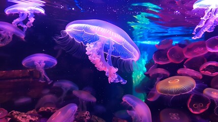 Obraz premium A group of jellyfish swim in an aquarium lit with blue and purple light.