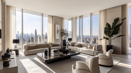 Fototapeta premium Elegant penthouse living room with plush seating, designer coffee table, and large windows flooding the space with natural light and city views
