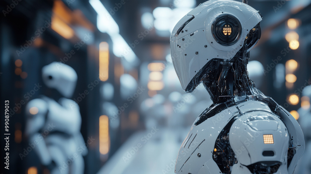 Poster futuristic robot stands in high tech environment, showcasing advanced design and technology. sleek, 