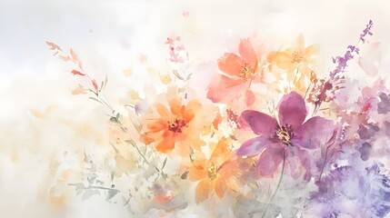 A delicate and beautiful watercolor painting featuring soft pastel flowers with subtle brushstrokes and light splashes of color creating a serene and visual composition