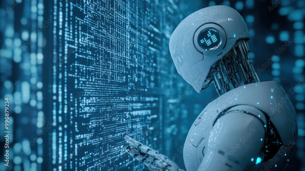 Poster futuristic robot analyzes data on digital interface, showcasing advanced technology and artificial i