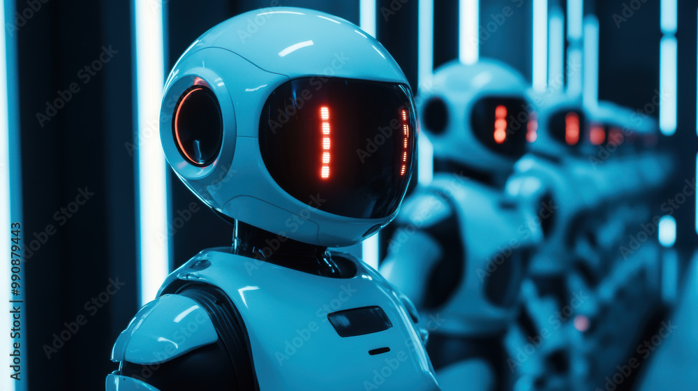 Poster robots with sleek designs and glowing features stand in futuristic environment, showcasing advanced 