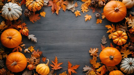 Autumn Harvest Feast Top View of Colorful Pumpkins, Gourds, and Fall Leaves on Rustic Wood