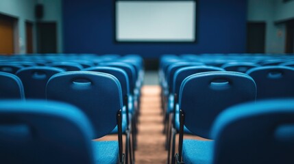 Fototapeta premium Blue chairs in an empty conference hall, viewed from the back of the room with a presentation screen in focus.