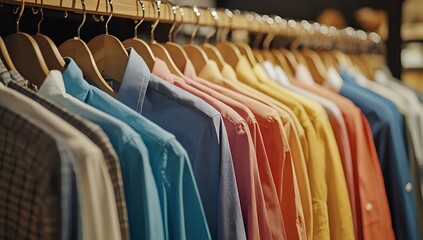 Naklejka premium A row of colorful shirts hanging on wooden hangers in a store.