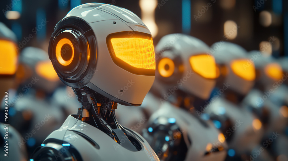Poster innovative robots with glowing orange features stand in futuristic setting, showcasing advanced tech