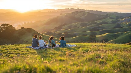Fototapeta premium Four people enjoying a sunset picnic in rolling hills.