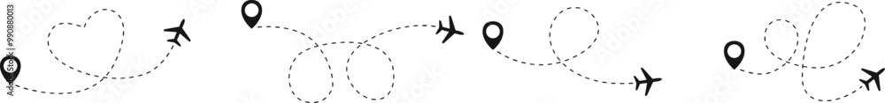 Wall mural airplane line path vector icon set of air plane flight route with start point and dash line trace. v