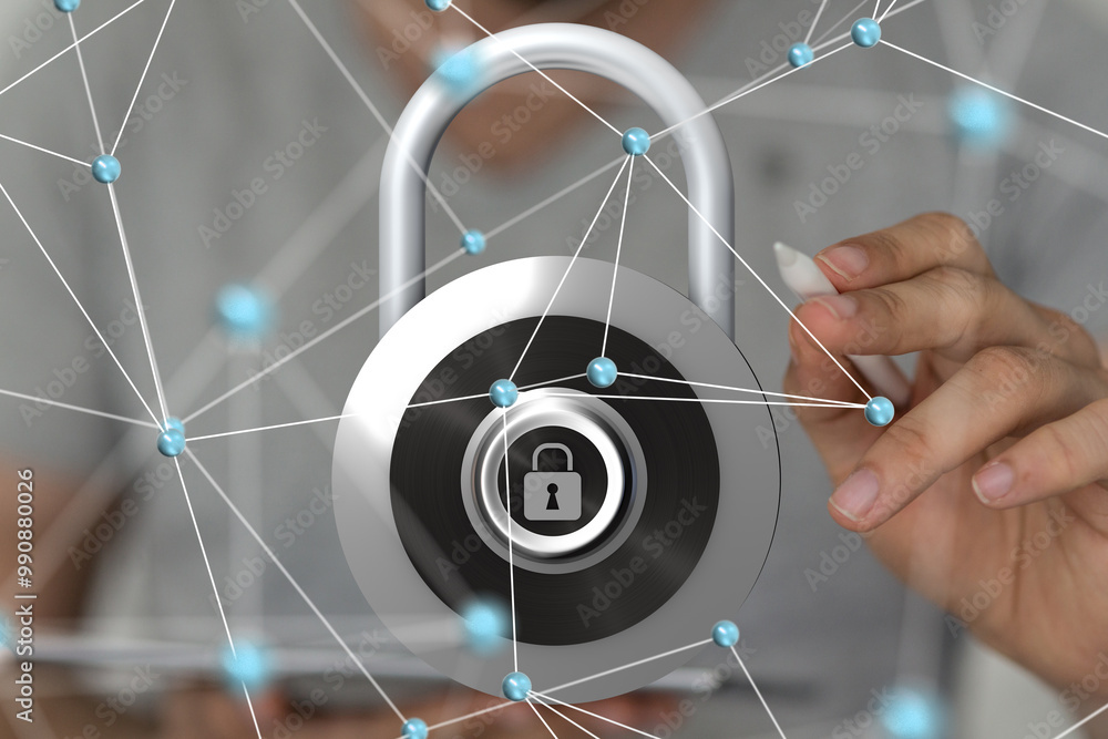 Poster Information technology protected with firewall, secure access and encryption against cyber