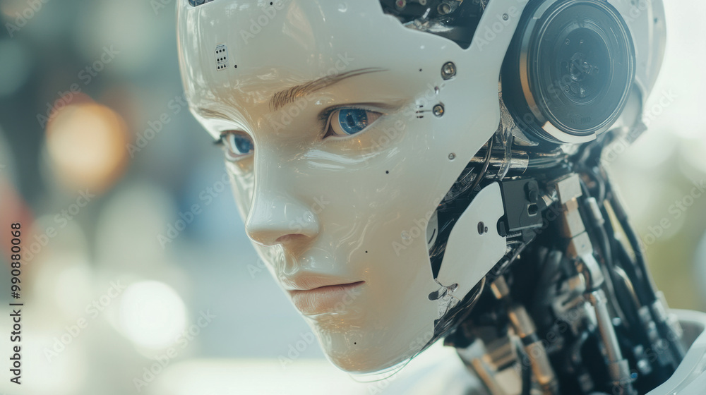 Poster close up view of humanoid robot showcasing advanced technology and intricate design. robots facial features and mechanical components highlight blend of art and engineering in robotics