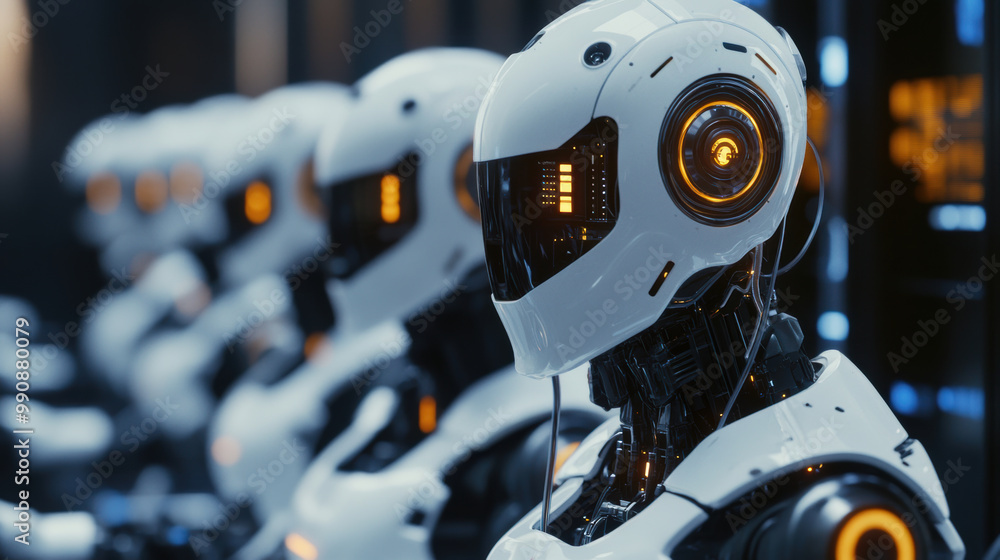 Poster robots lined up in futuristic setting, showcasing advanced technology and design. their sleek white 