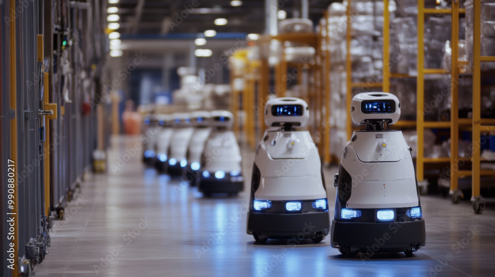 Poster efficient robots navigate warehouse, enhancing teamwork and productivity. their advanced technology 