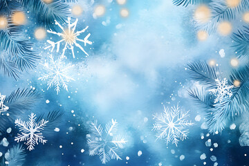 Watercolour Christmas background with delicate snowflakes and glowing fairy lights