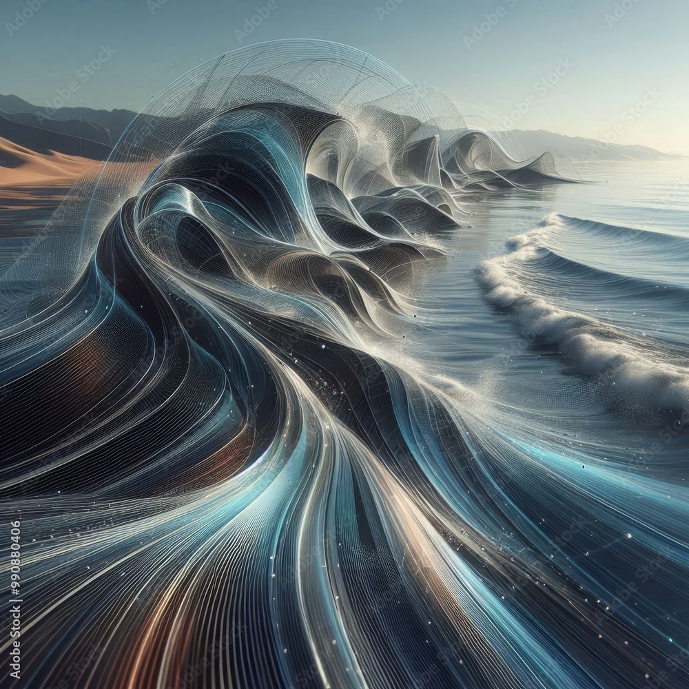 Poster a stunning fusion of abstract digital lines with ocean waves, evoking motion and fluidity against a 