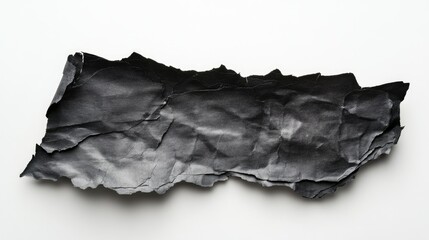 Burnt piece of paper with jagged, blackened edges, isolated on a pristine white surface.