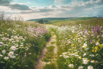Obraz premium background with a picturesque rural road lined with blooming wildflowers, featuring rolling meadows and a calm, peaceful setting