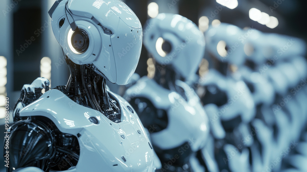 Poster robots lined up in futuristic setting, showcasing advanced technology and design. their sleek, white