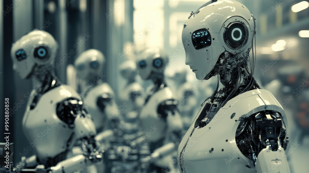Poster robots in futuristic factory setting, showcasing advanced technology and precision. these machines e