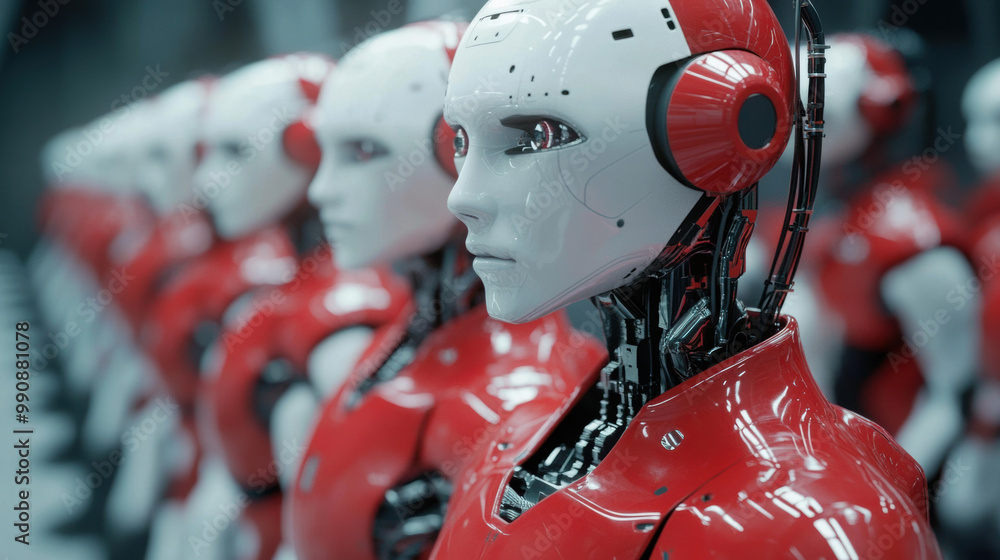 Poster robots in futuristic setting showcase advanced technology and design, emphasizing consistency and pr