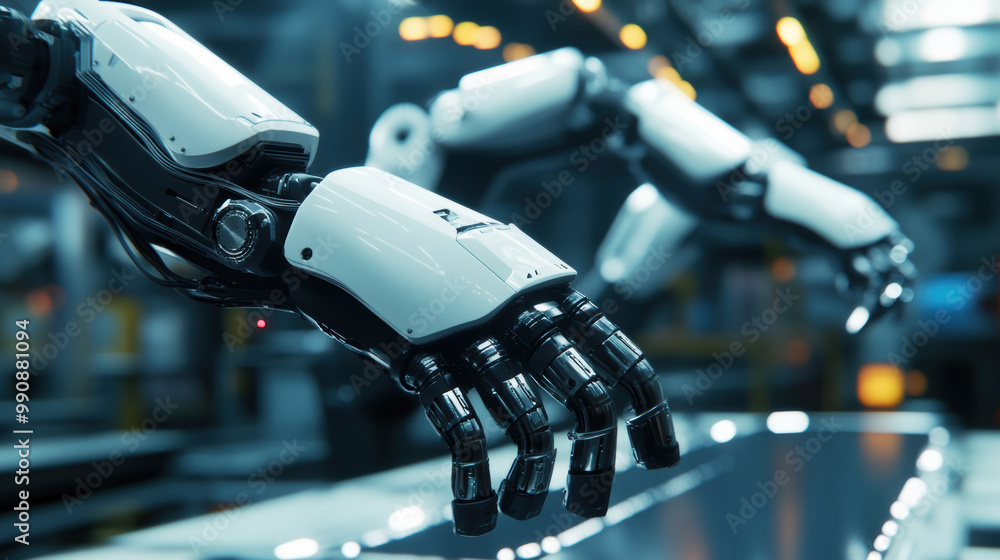Poster robotic arms in modern industrial setting showcase advanced technology and precision. these machines