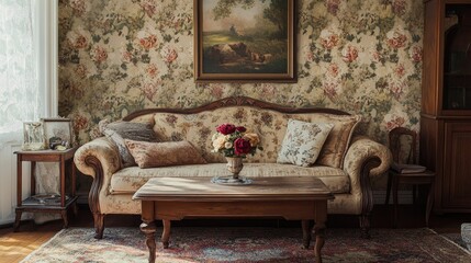 Classic living room with a weathered couch, antique coffee table, and vintage floral wallpaper, creating a warm, nostalgic ambiance.