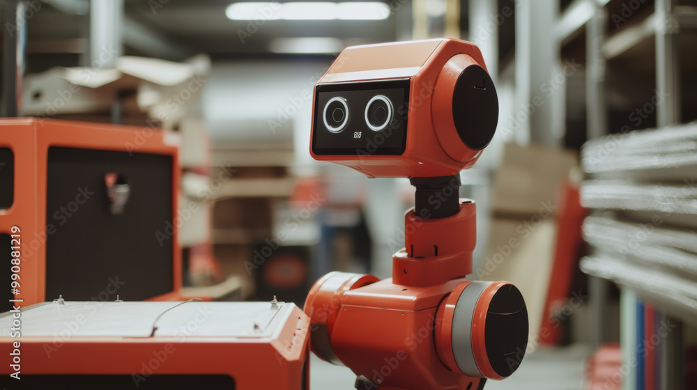 Poster robotic technology is showcased in warehouse setting, featuring friendly looking red robot with expr