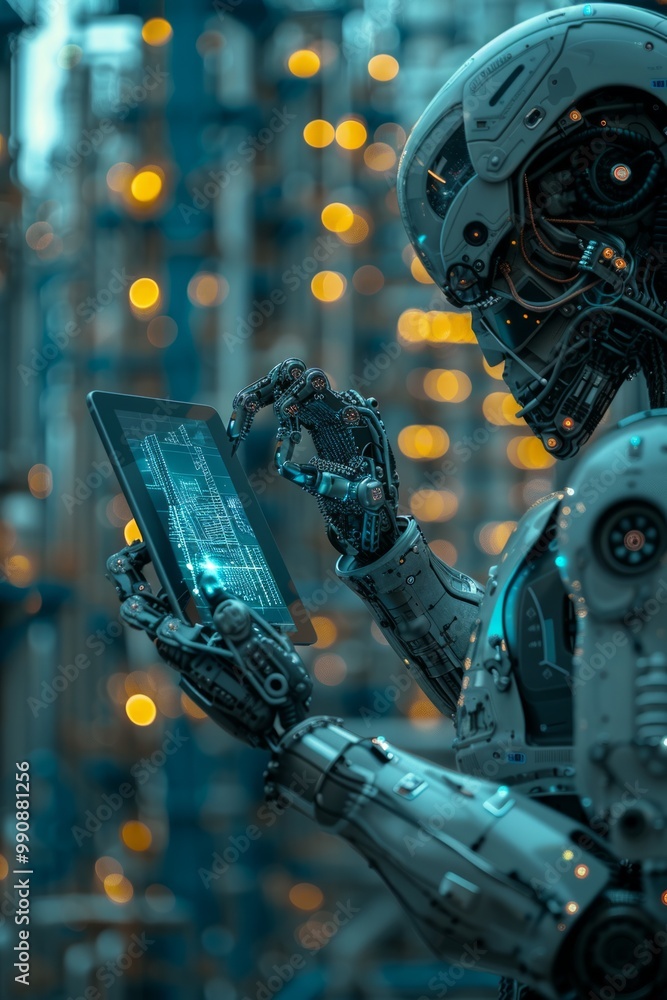 Poster a futuristic robot interacting with a digital tablet in a high-tech urban setting during twilight