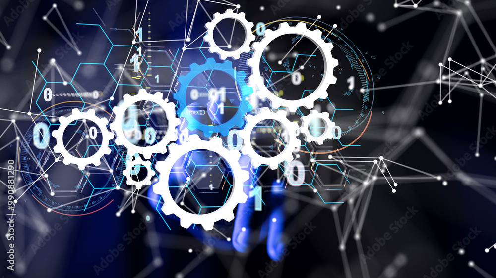 Poster Neural network 3D illustration. Big data and cybersecurity