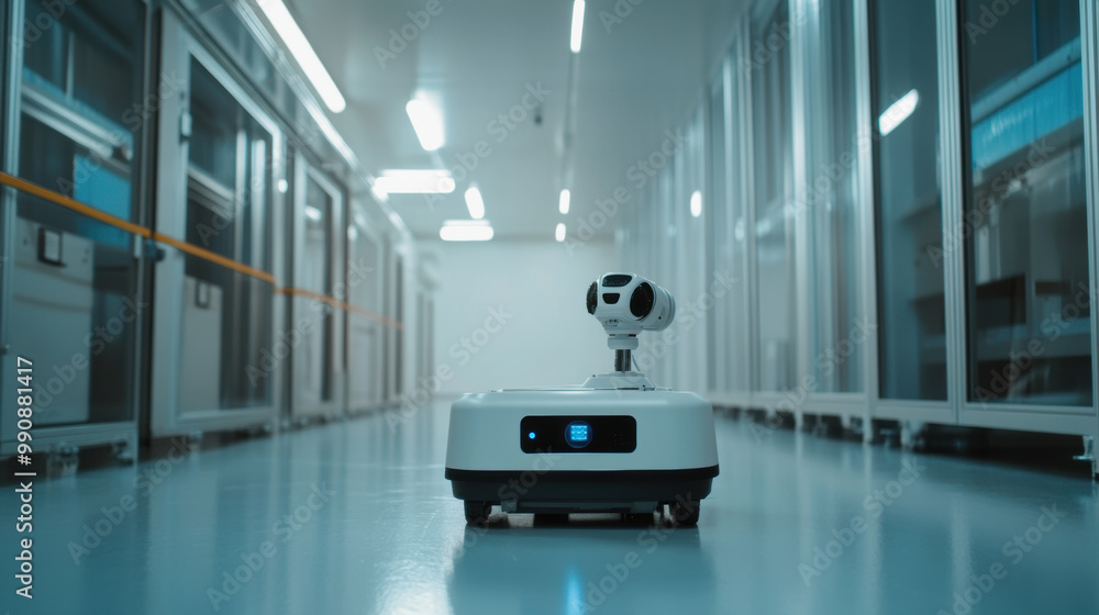Poster robotic inspection device navigates sterile corridor, showcasing advanced technology in automation. This innovative robot enhances efficiency in inspections and monitoring tasks