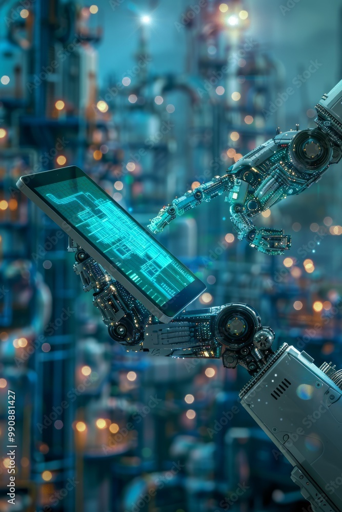 Aufkleber a robot interacts with a digital tablet in a futuristic industrial setting filled with illuminated m