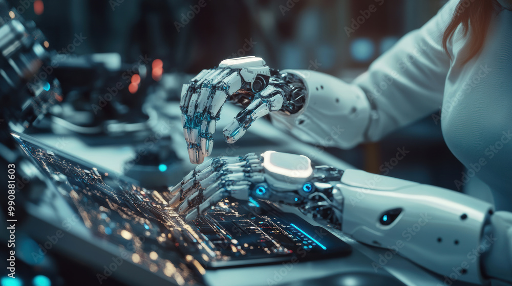 Poster innovative robotic hands interact with high tech control panel, showcasing advanced technology and c