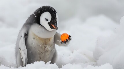 A young penguin on cold snow holding a tiny orange ball