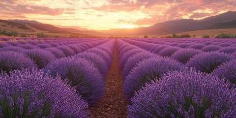 Obraz premium Expansive Lavender Fields Under Sunset Sky