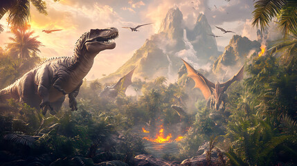 Naklejka premium background with a prehistoric jungle, featuring towering ferns, volcanic mountains, and various dinosaurs roaming freely
