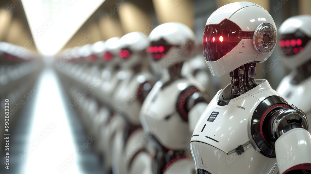 Poster image showcases lineup of advanced robots with sleek designs and glowing red eyes, emphasizing theme