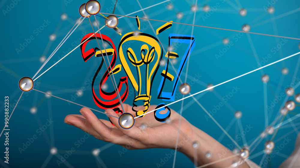 Poster Neural network 3D illustration. Big data and cybersecurity