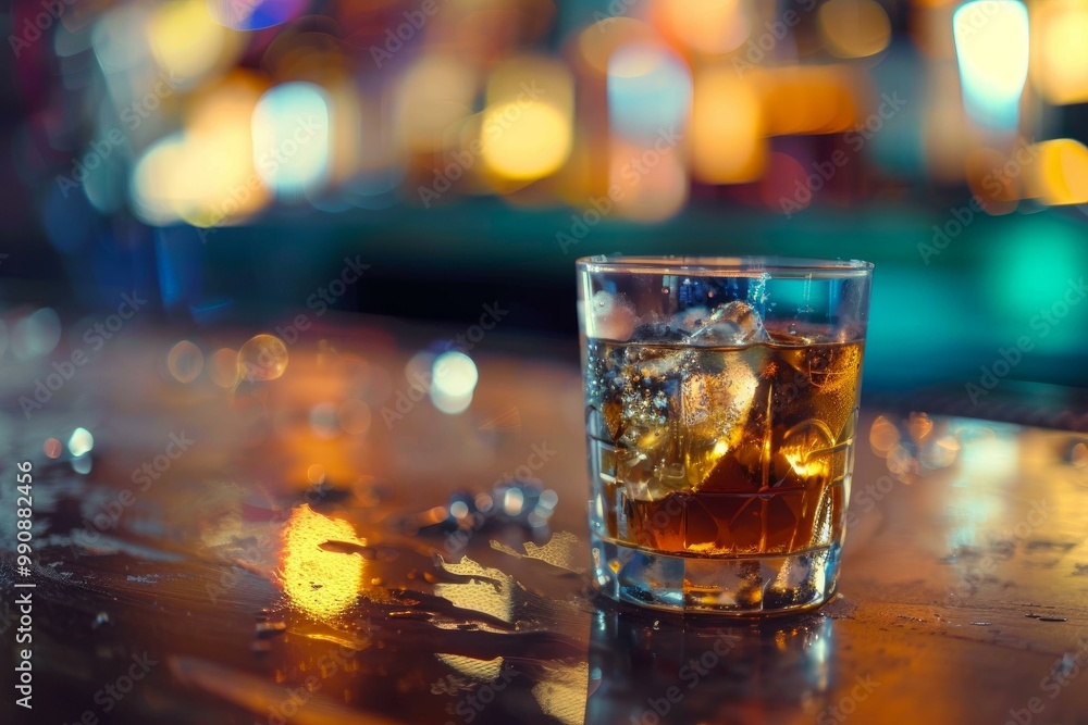 Poster glass of whiskey with ice sitting on a bar with colorful bokeh background