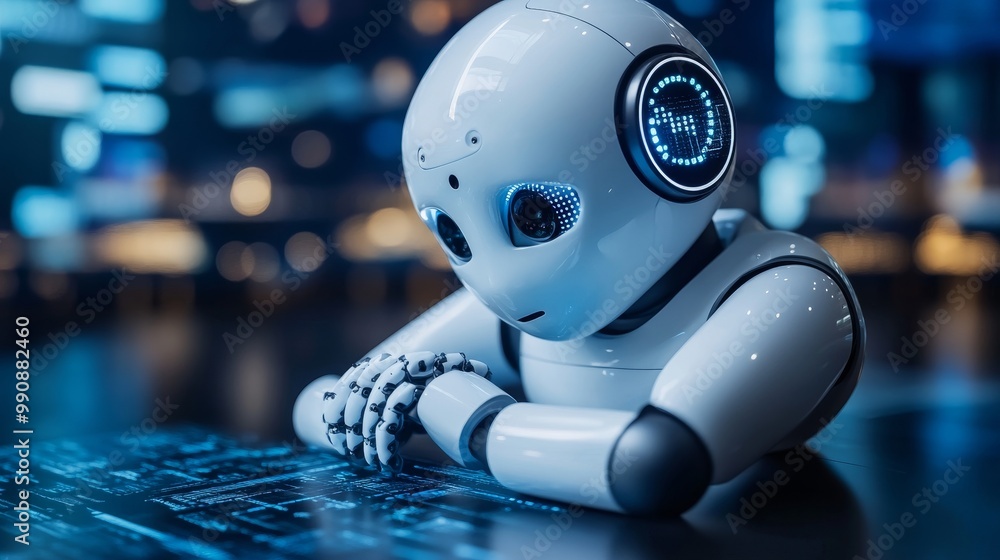 Poster futuristic ai robot analyzing financial data, charts, and graphs on a holographic interface