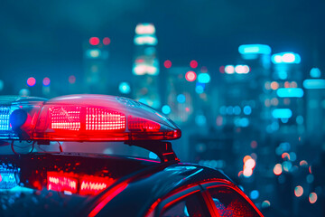 Blue and red light flasher atop of a police car. City lights on the background.