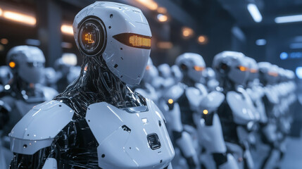 Fototapeta premium image showcases line of advanced AI robots, highlighting importance of effective teamwork in technology. Their sleek design and glowing features evoke sense of futuristic innovation and