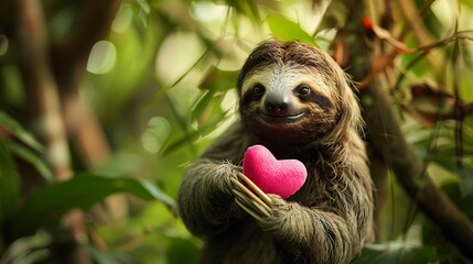 Fototapeta premium A young sloth amid a dense forest canopy holding a pink toy heart