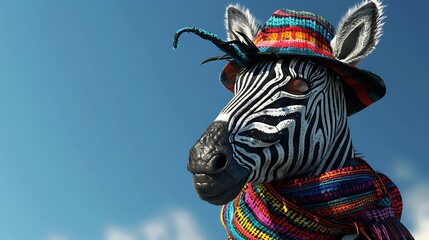 Fototapeta premium A zebra wearing a hat and scarf with vibrant stripes