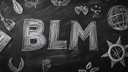 Powerful BLM slogan written in bold letters across a chalkboard, surrounded by symbols of peace and justice