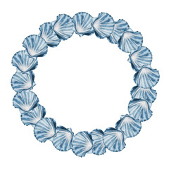 Seashells watercolor frame. Round border of blue shells on isolated white background. Clip art of sea creatures. Ideal for design of cosmetics packaging and bathroom textiles.