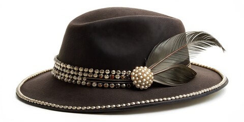 Black hat with a vintage flair boasts a stunning feather atop a beaded band, adding a touch of