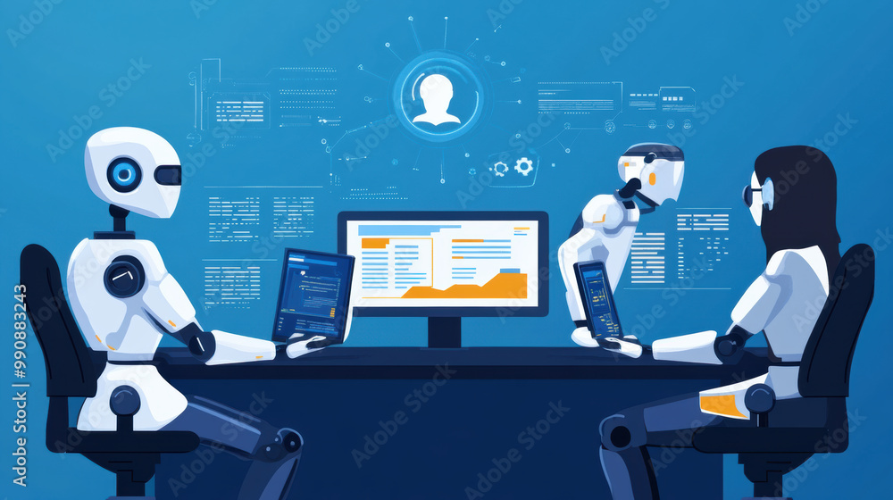Poster innovative robots and human collaborate at desk, utilizing data and technology to enhance productivi