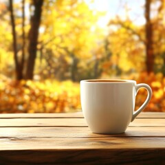 White Cup Of Coffee On Wooden Table, Blurry Autumn Park Background. Fall Season Concept.