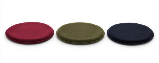 Collection of three colorful round cushions in red, green, and blue, perfect for adding a stylish touch to any living space.